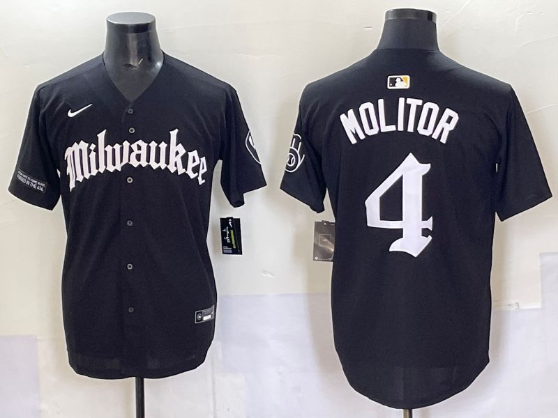 Men 2025 Milwaukee Brewers #4 Molitor Black Five generations Joint Name Nike MLB Jersey style 2
